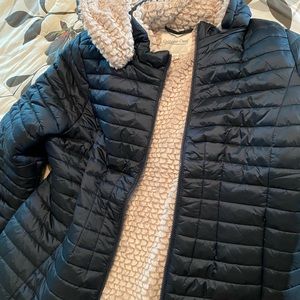 Coldwater Creek, dark teal, XL hooded jacket with faux sheepskin lining. New!